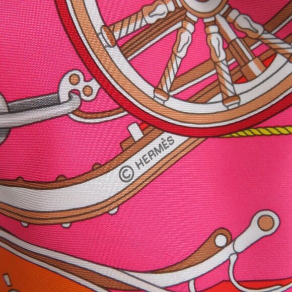 HERMES Carre Stately Wheels Size 90 Silk100% Rose vif/Rouge/Orange - Picture 3 of 5